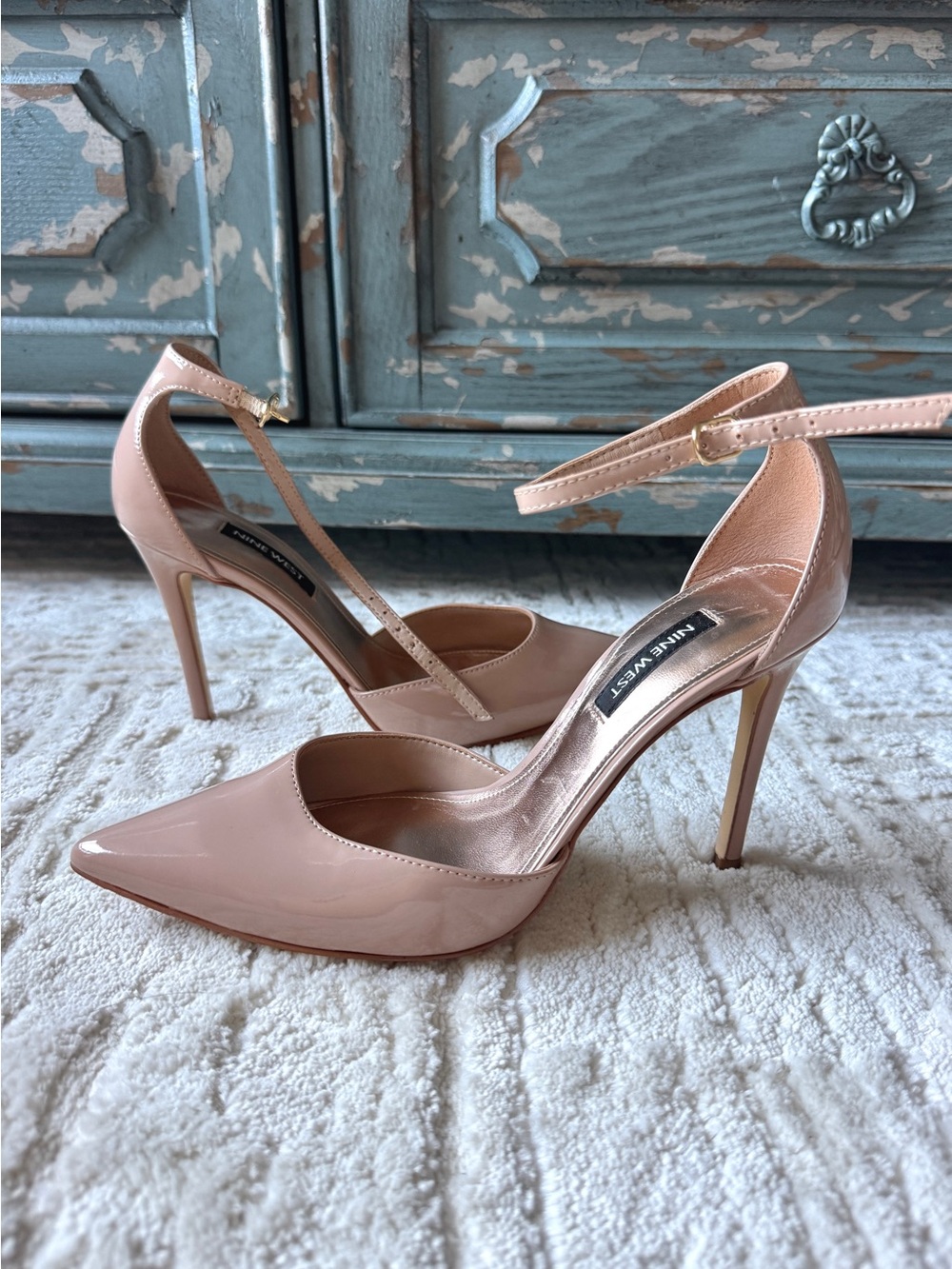 Nine West Blush Patent Pointed-Toe Ankle-Strap Pumps.